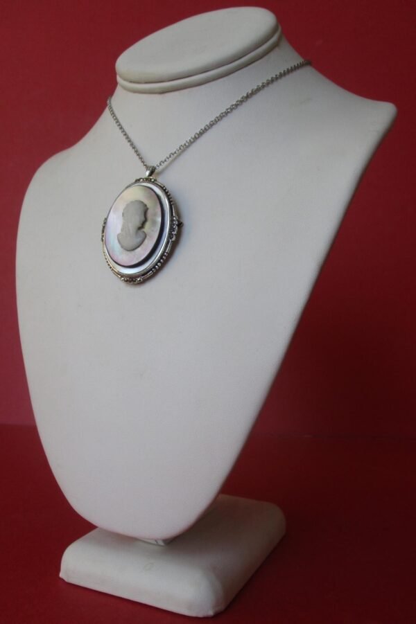 Antique Mother of Pearl and Shell Cameo Pendant With Sterling Silver Frame Choker Necklace/Pin - Image 2