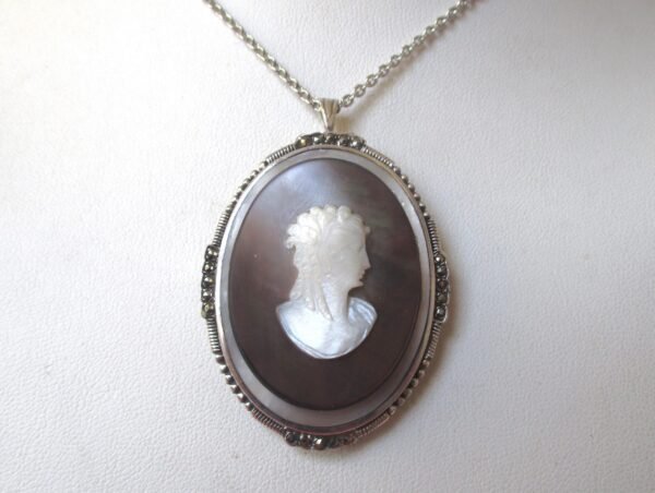 Antique Mother of Pearl and Shell Cameo Pendant With Sterling Silver Frame Choker Necklace/Pin - Image 5
