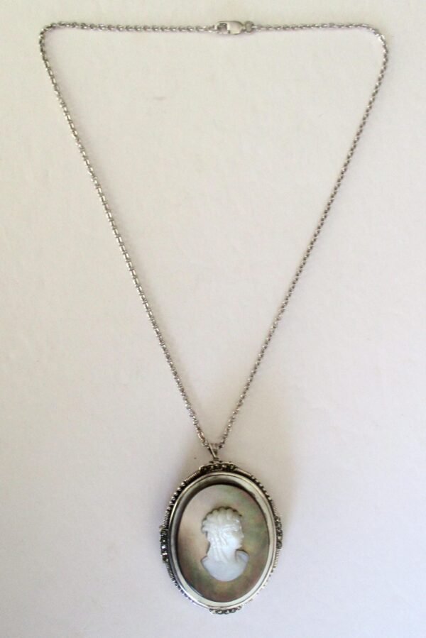 Antique Mother of Pearl and Shell Cameo Pendant With Sterling Silver Frame Choker Necklace/Pin - Image 6