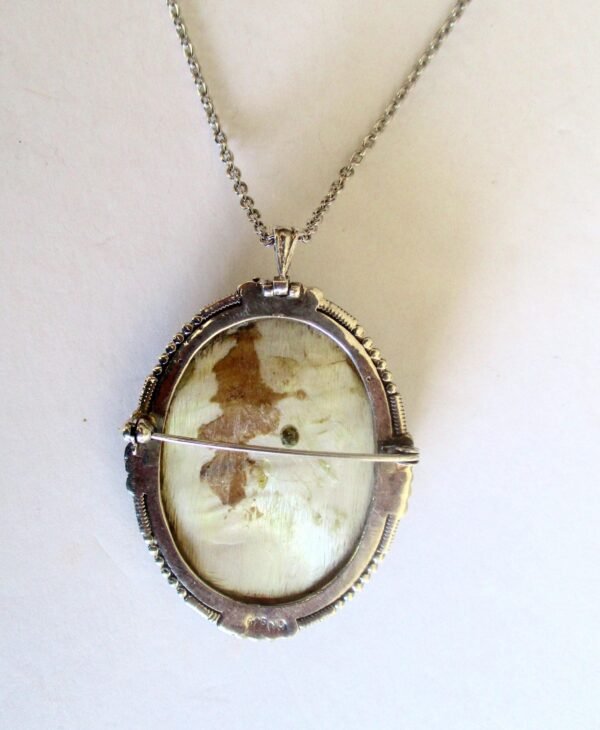 Antique Mother of Pearl and Shell Cameo Pendant With Sterling Silver Frame Choker Necklace/Pin - Image 9