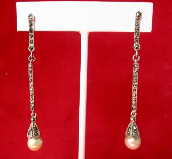 Pair of Vintage Sterling Silver - Marcasite - Cultured Pearl 2 1/2-Inch Drop/Dangle Earrings/Wedding/Boho/Hippie