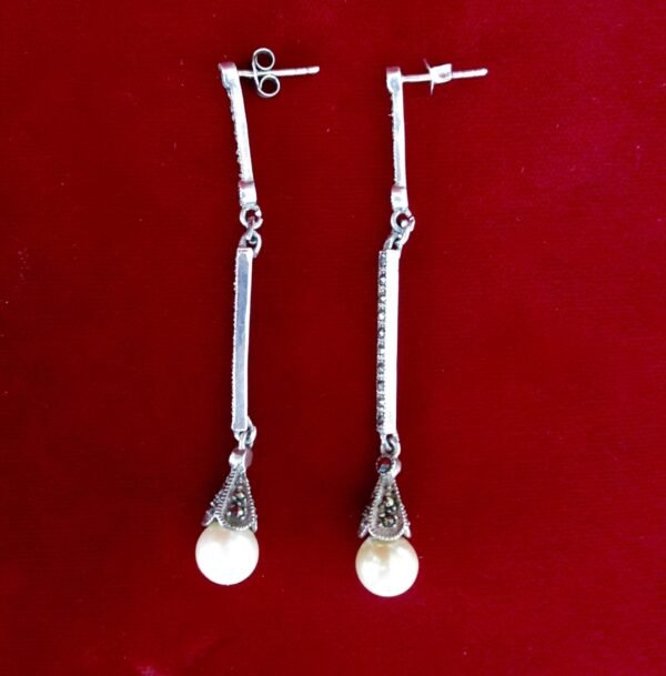 Pair of Vintage Sterling Silver - Marcasite - Cultured Pearl 2 1/2-Inch Drop/Dangle Earrings/Wedding/Boho/Hippie - Image 3