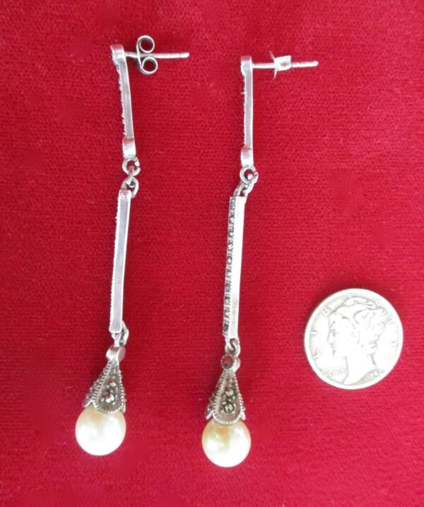 Pair of Vintage Sterling Silver - Marcasite - Cultured Pearl 2 1/2-Inch Drop/Dangle Earrings/Wedding/Boho/Hippie - Image 5