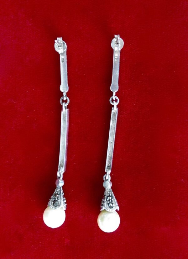 Pair of Vintage Sterling Silver - Marcasite - Cultured Pearl 2 1/2-Inch Drop/Dangle Earrings/Wedding/Boho/Hippie - Image 6