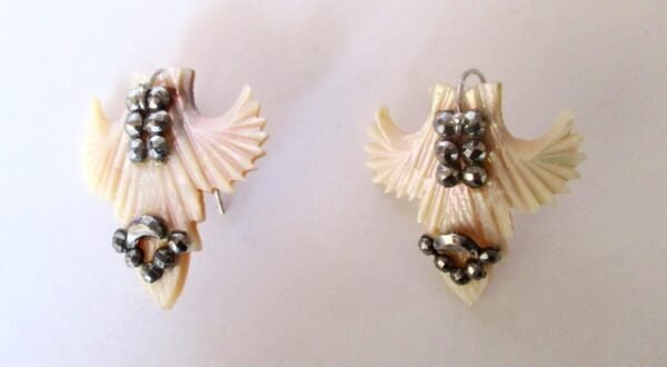 Pair of Antique Cut Steel & Hand-Carved Mother-of-Pearl Earrings/Boho - Image 2