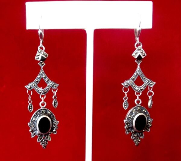 Pair of Vintage Sterling Silver - Black Onyx - Marcasite Earrings/Boho