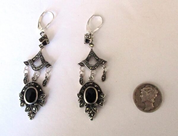 Pair of Vintage Sterling Silver - Black Onyx - Marcasite Earrings/Boho - Image 4
