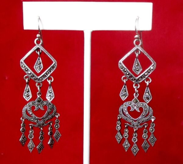 Pair of Vintage Sterling Silver & Marcasite 2 3/4-Inch Drop/Dangle Earrings/Boho/Hippie