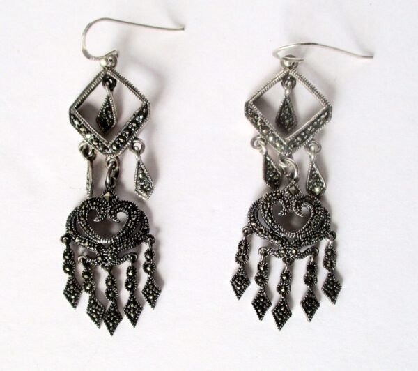 Pair of Vintage Sterling Silver & Marcasite 2 3/4-Inch Drop/Dangle Earrings/Boho/Hippie - Image 4