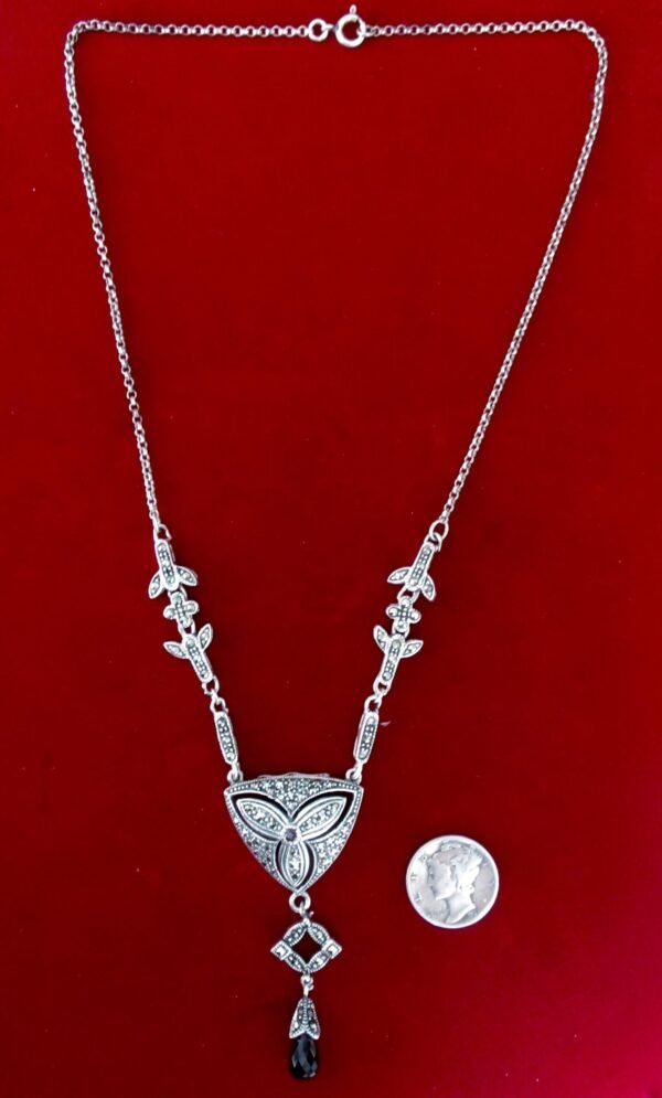 Vintage Sterling Silver & Marcasite Necklace With a Faceted Garnet "Drop"/Boho - Image 3