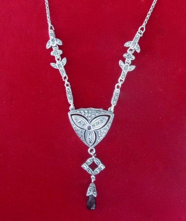 Vintage Sterling Silver & Marcasite Necklace With a Faceted Garnet "Drop"/Boho