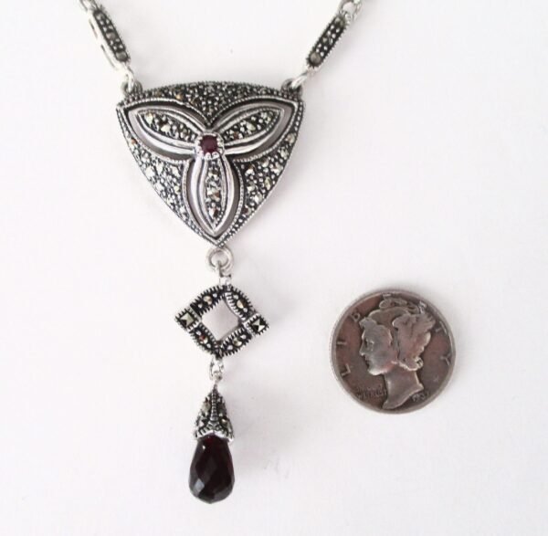Vintage Sterling Silver & Marcasite Necklace With a Faceted Garnet "Drop"/Boho - Image 5