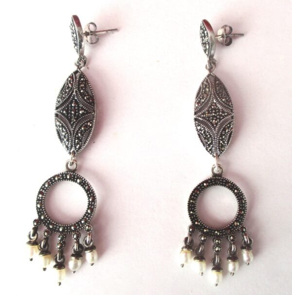 Pair of Vintage Sterling Silver, Marcasite & Cultured Pearl Earrings/Boho/Hippie/Wedding - Image 3