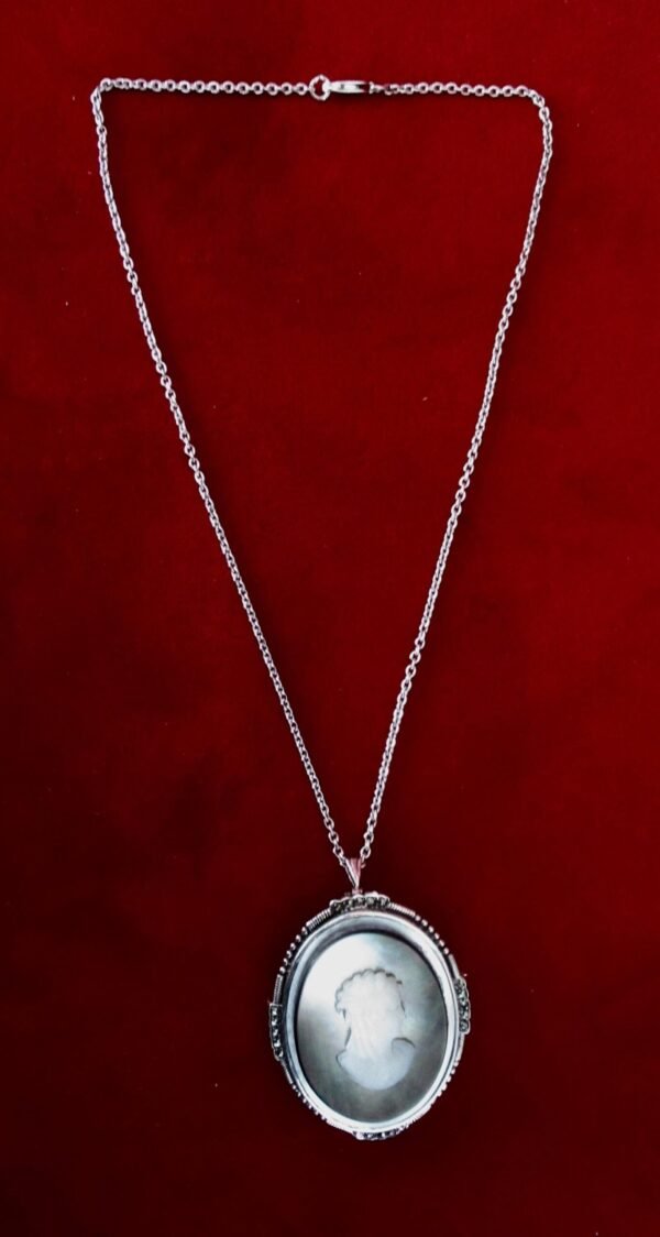 Antique Mother of Pearl and Shell Cameo Pendant With Sterling Silver Frame Choker Necklace/Pin - Image 4
