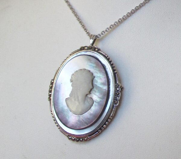 Antique Mother of Pearl and Shell Cameo Pendant With Sterling Silver Frame Choker Necklace/Pin