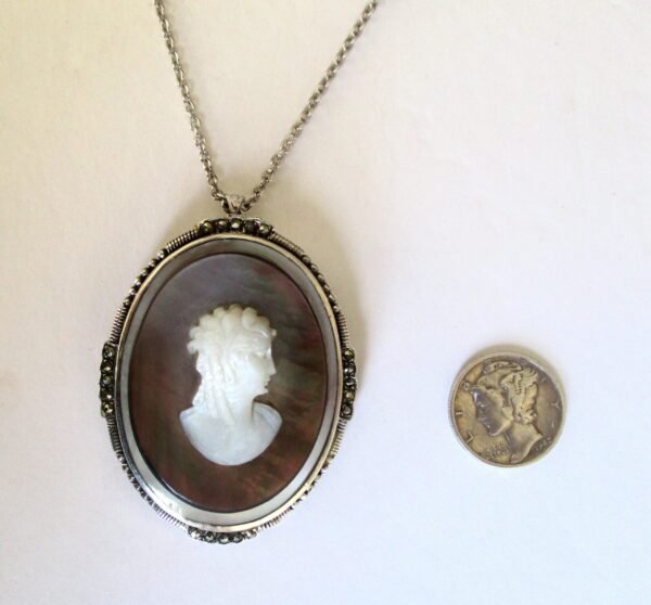 Antique Mother of Pearl and Shell Cameo Pendant With Sterling Silver Frame Choker Necklace/Pin - Image 7