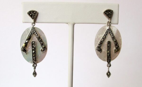 Pair of Vintage Sterling Silver - Mother of Pearl - Marcasite Earrings/Wedding/Boho/Hippie - Image 2