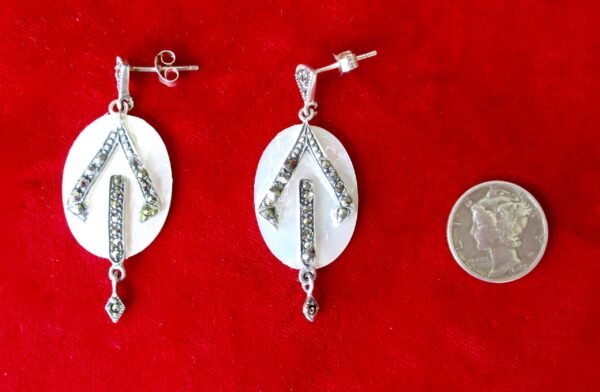 Pair of Vintage Sterling Silver - Mother of Pearl - Marcasite Earrings/Wedding/Boho/Hippie - Image 3