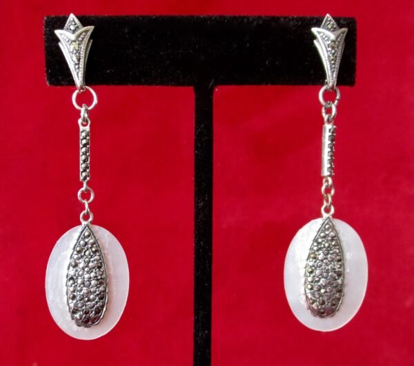 Pair of Vintage Sterling Silver, Marcasite, & Mother of Pearl Earrings/Wedding/Hippie/Boho