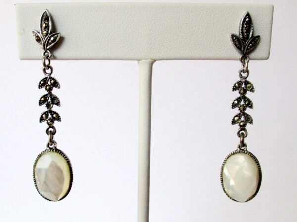 Pair of Vintage Faceted Mother-of-Pearl, Sterling Silver, Marcasite Dangle Earrings/Wedding/Boho/Hippie