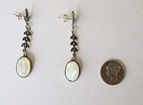 Pair of Vintage Faceted Mother-of-Pearl, Sterling Silver, Marcasite Dangle Earrings/Wedding/Boho/Hippie - Image 3