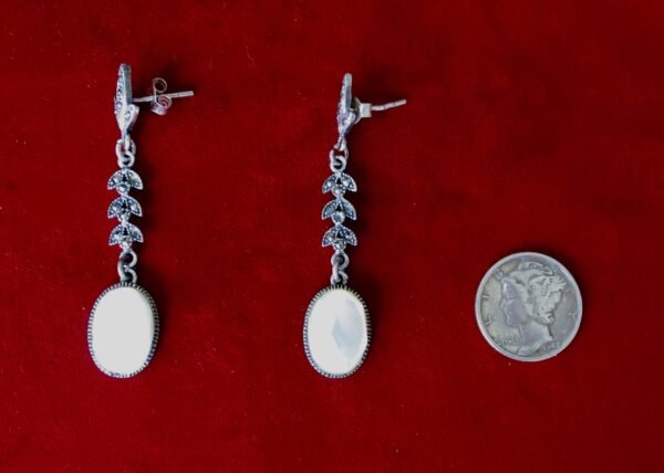 Pair of Vintage Faceted Mother-of-Pearl, Sterling Silver, Marcasite Dangle Earrings/Wedding/Boho/Hippie - Image 4