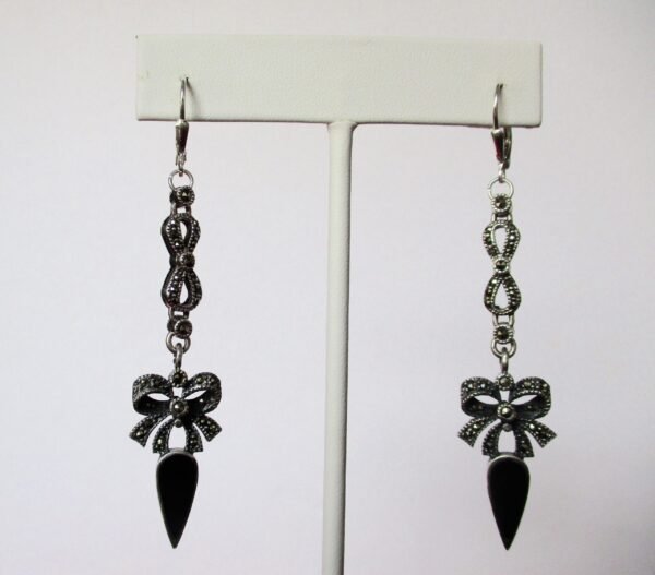 Pair of Vintage 3-Inch Sterling Silver, Marcasite, & Black Enamel Earrings/Hippie/Boho - Image 2
