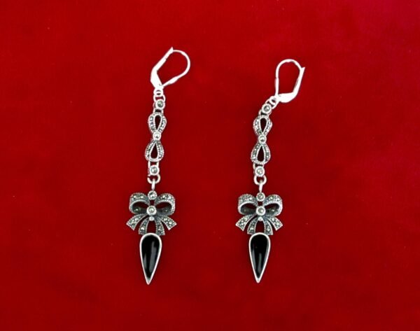 Pair of Vintage 3-Inch Sterling Silver, Marcasite, & Black Enamel Earrings/Hippie/Boho - Image 3