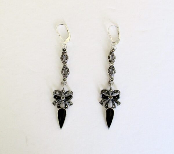 Pair of Vintage 3-Inch Sterling Silver, Marcasite, & Black Enamel Earrings/Hippie/Boho - Image 5