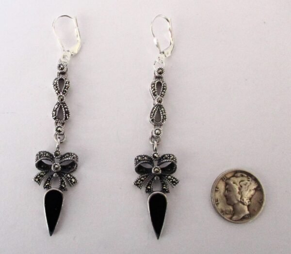 Pair of Vintage 3-Inch Sterling Silver, Marcasite, & Black Enamel Earrings/Hippie/Boho - Image 6