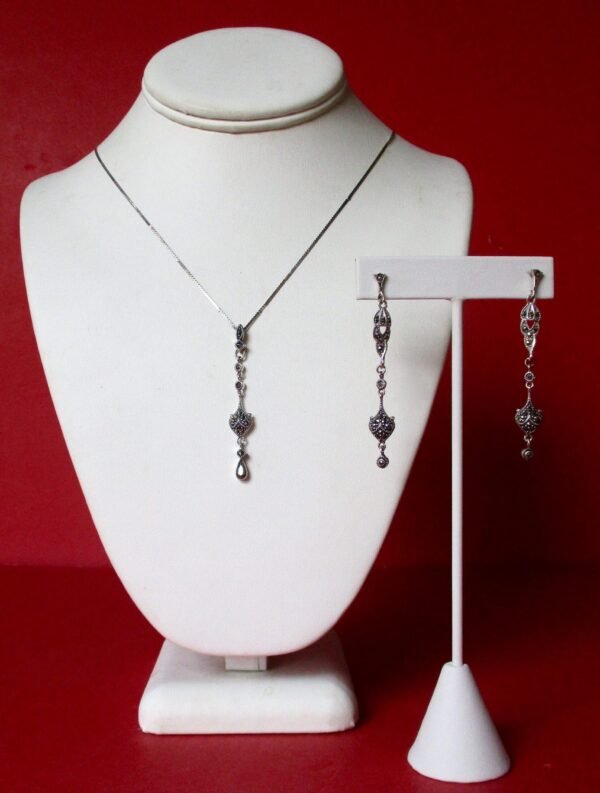 Vintage Jewelry Set:  Sterling Silver & Marcasite Necklace With Pendant and Matching Earrings/Wedding/Boho/Hippie