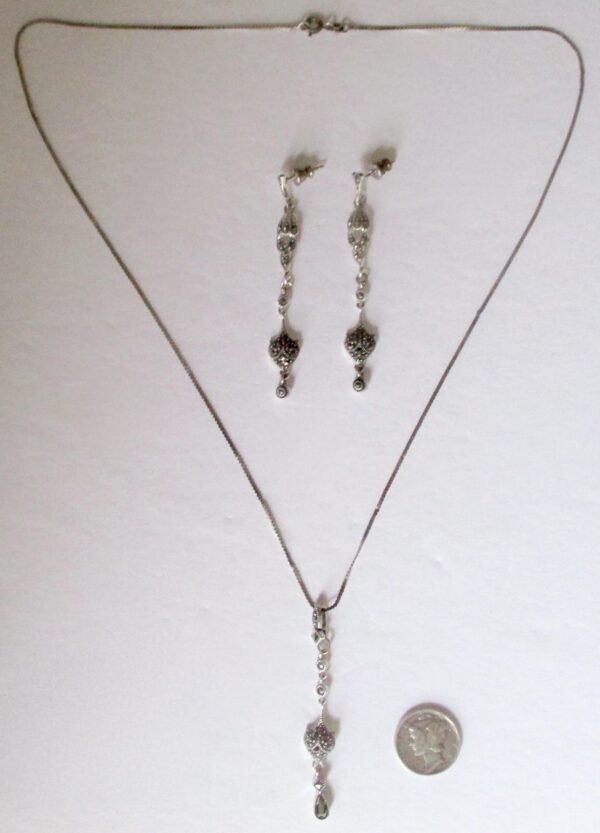 Vintage Jewelry Set:  Sterling Silver & Marcasite Necklace With Pendant and Matching Earrings/Wedding/Boho/Hippie - Image 6