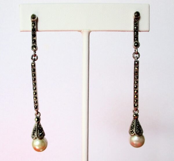 Pair of Vintage Sterling Silver - Marcasite - Cultured Pearl 2 1/2-Inch Drop/Dangle Earrings/Wedding/Boho/Hippie - Image 2