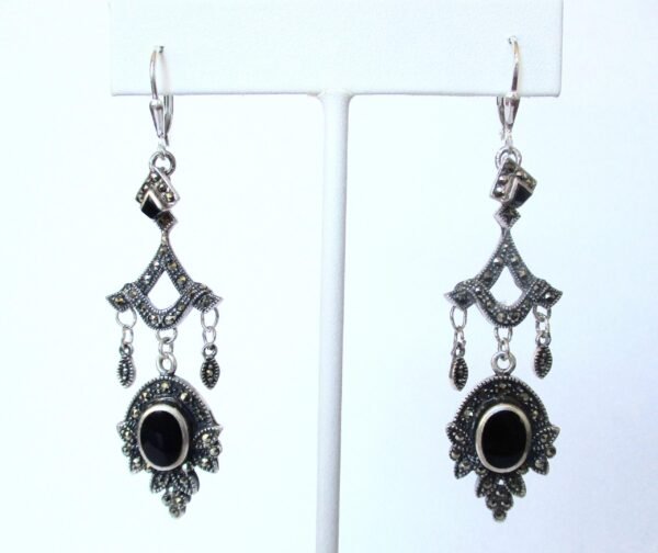 Pair of Vintage Sterling Silver - Black Onyx - Marcasite Earrings/Boho - Image 2