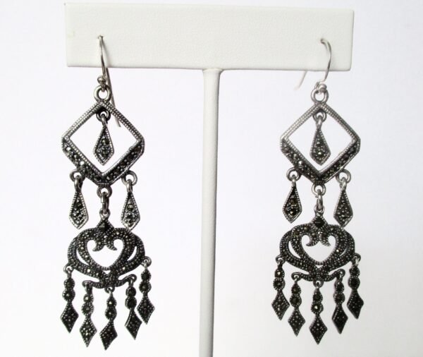Pair of Vintage Sterling Silver & Marcasite 2 3/4-Inch Drop/Dangle Earrings/Boho/Hippie - Image 2