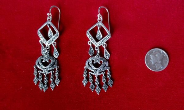 Pair of Vintage Sterling Silver & Marcasite 2 3/4-Inch Drop/Dangle Earrings/Boho/Hippie - Image 3