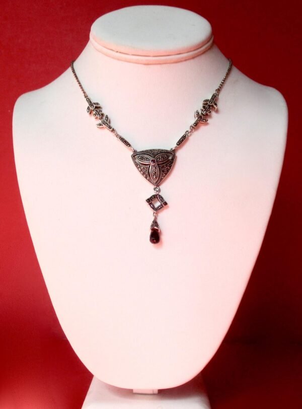 Vintage Sterling Silver & Marcasite Necklace With a Faceted Garnet "Drop"/Boho - Image 2