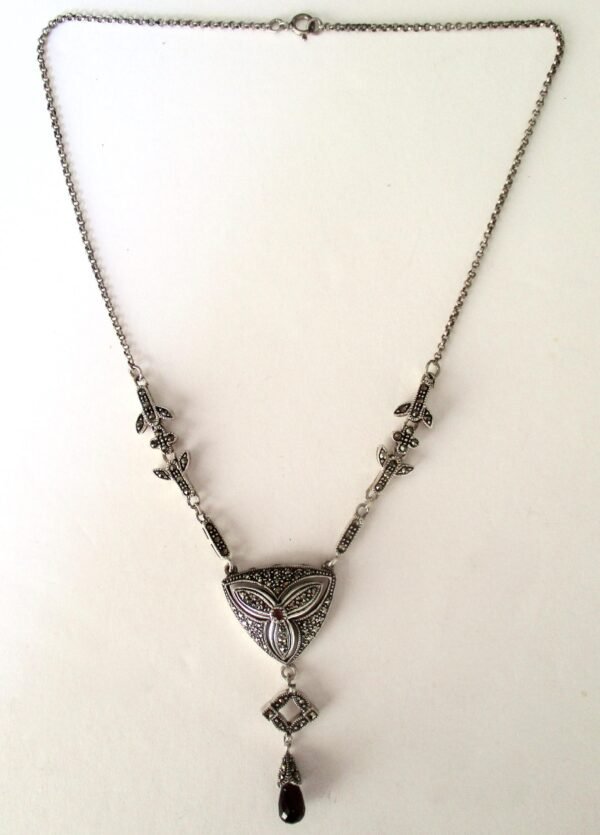 Vintage Sterling Silver & Marcasite Necklace With a Faceted Garnet "Drop"/Boho - Image 4