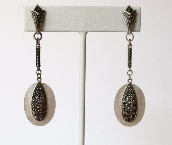Pair of Vintage Sterling Silver, Marcasite, & Mother of Pearl Earrings/Wedding/Hippie/Boho - Image 2