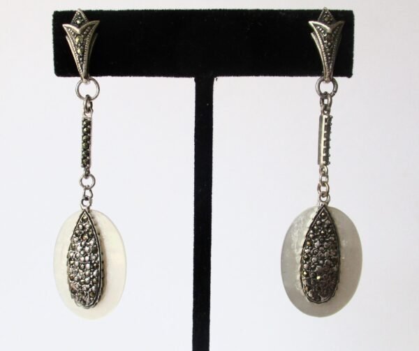 Pair of Vintage Sterling Silver, Marcasite, & Mother of Pearl Earrings/Wedding/Hippie/Boho - Image 4