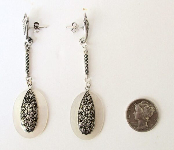 Pair of Vintage Sterling Silver, Marcasite, & Mother of Pearl Earrings/Wedding/Hippie/Boho - Image 3