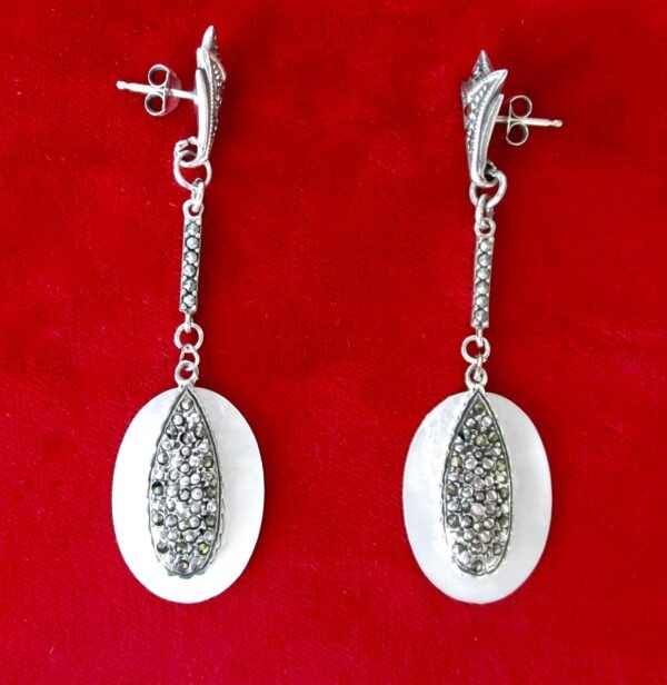 Pair of Vintage Sterling Silver, Marcasite, & Mother of Pearl Earrings/Wedding/Hippie/Boho - Image 6