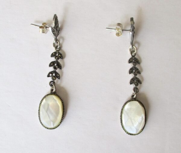 Pair of Vintage Faceted Mother-of-Pearl, Sterling Silver, Marcasite Dangle Earrings/Wedding/Boho/Hippie - Image 2