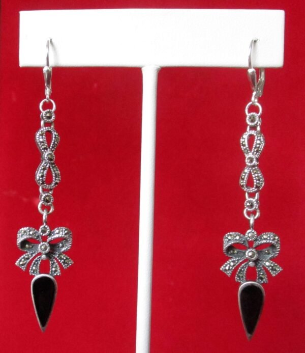 Pair of Vintage 3-Inch Sterling Silver, Marcasite, & Black Enamel Earrings/Hippie/Boho