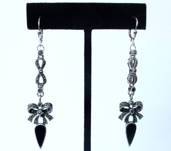 Pair of Vintage 3-Inch Sterling Silver, Marcasite, & Black Enamel Earrings/Hippie/Boho - Image 4