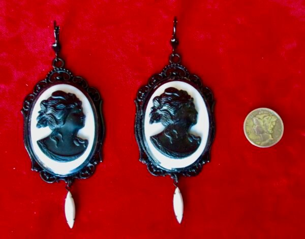 Pair of Vintage Black & White Glass Cameo Earrings
