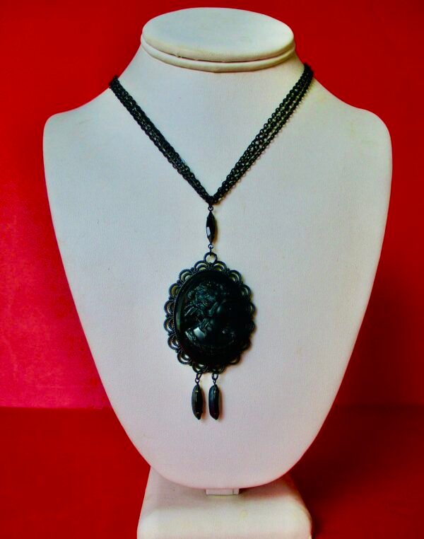 Vintage Black French Jet Antique Cameo on a Vintage French Jet Scalloped  Pendant