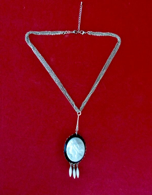 Vintage White Cameo Necklace With 5-Strand Silver Chain - Image 4
