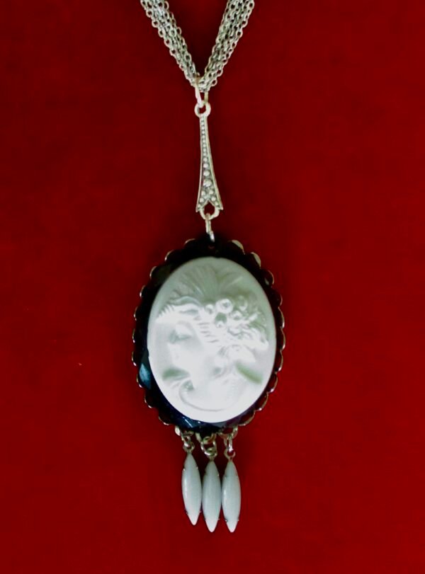 Vintage White Cameo Necklace With 5-Strand Silver Chain - Image 8