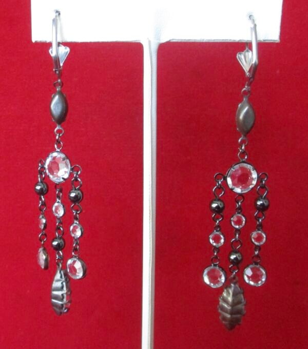 Pair of Vintage 3 1/4-Inch Gunmetal & Crystal Earrings/Boho/Hippie - Image 2